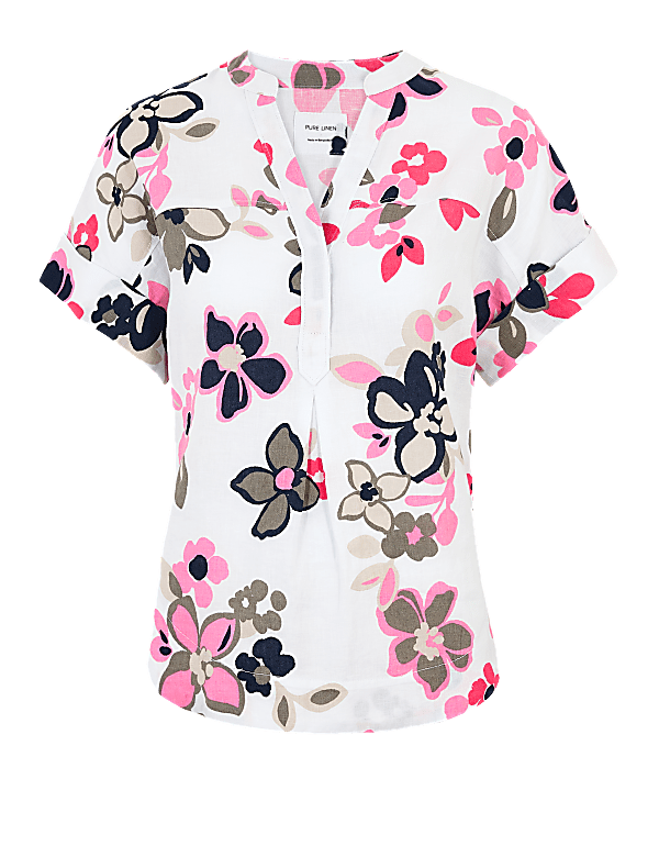 Pure Linen Floral V-Neck Blouse