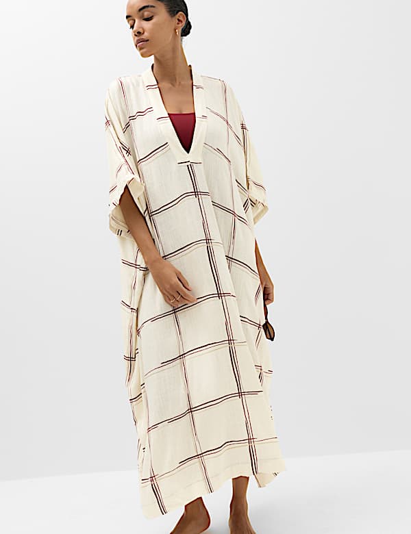 Checked Midi Kaftan Beach Dress with Linen