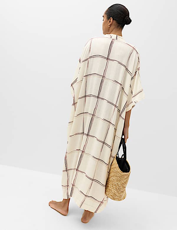 Checked Midi Kaftan Beach Dress with Linen
