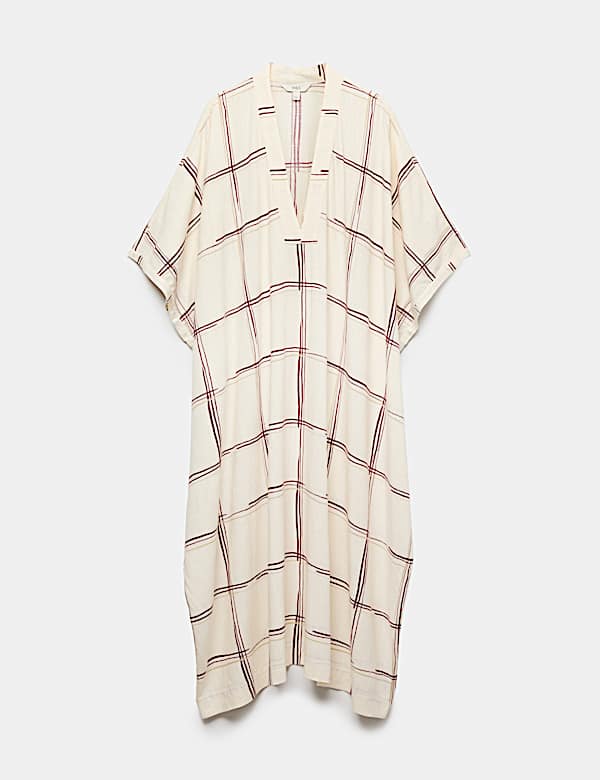 Vestido para la playa tipo caft&aacute;n midi de cuadros con lino - US