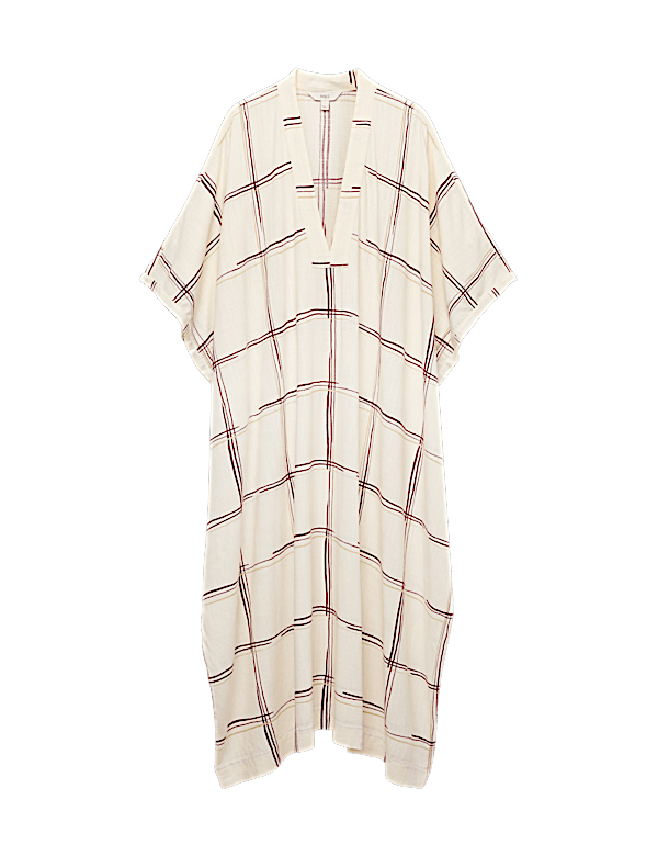 Checked Midi Kaftan Beach Dress with Linen