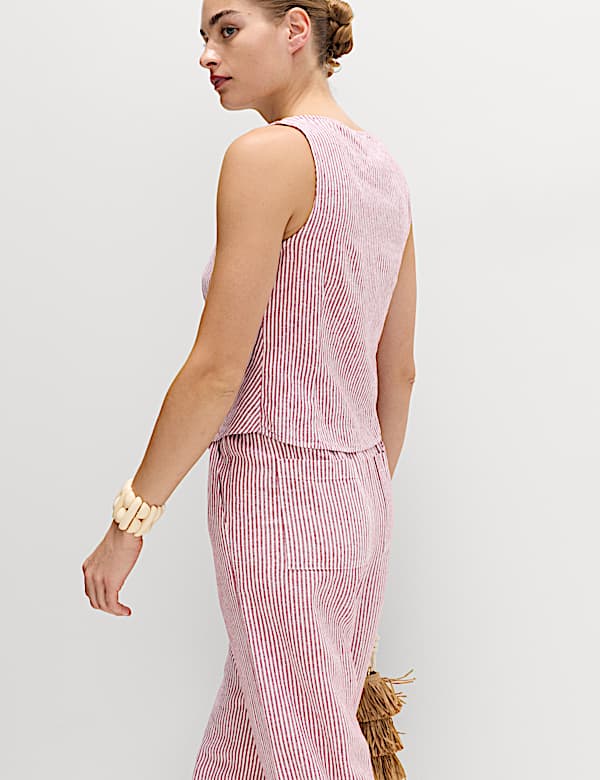 Linen Rich Striped Button Through Top - NO