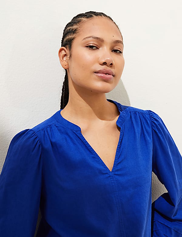 Linen Rich V-Neck Blouson Sleeve Blouse