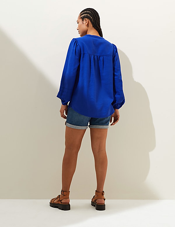 Linen Rich V-Neck Blouson Sleeve Blouse