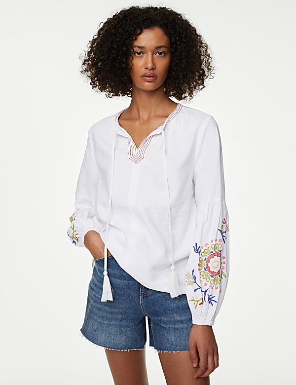 Linen Rich Embroidered Tie Neck Blouse