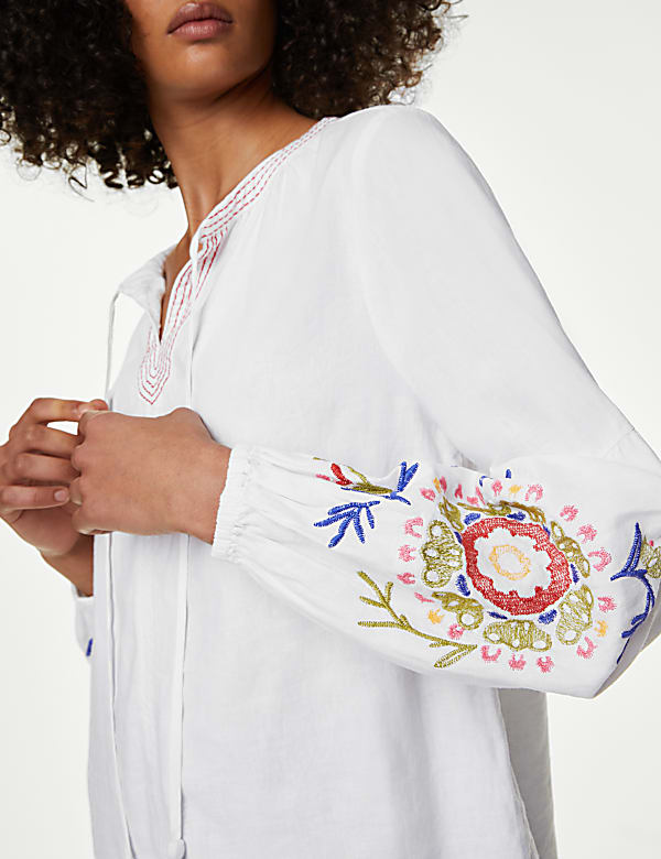 Linen Rich Embroidered Tie Neck Blouse