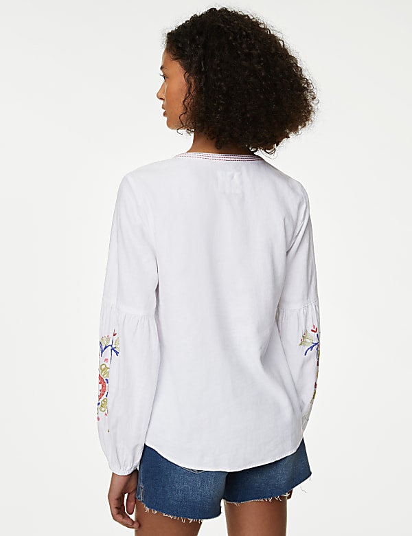 Linen Rich Embroidered Tie Neck Blouse