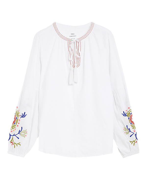 Linen Rich Embroidered Tie Neck Blouse