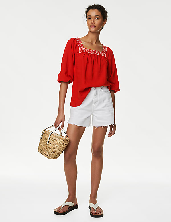 Linen Blend Embroidered Puff Sleeve Blouse