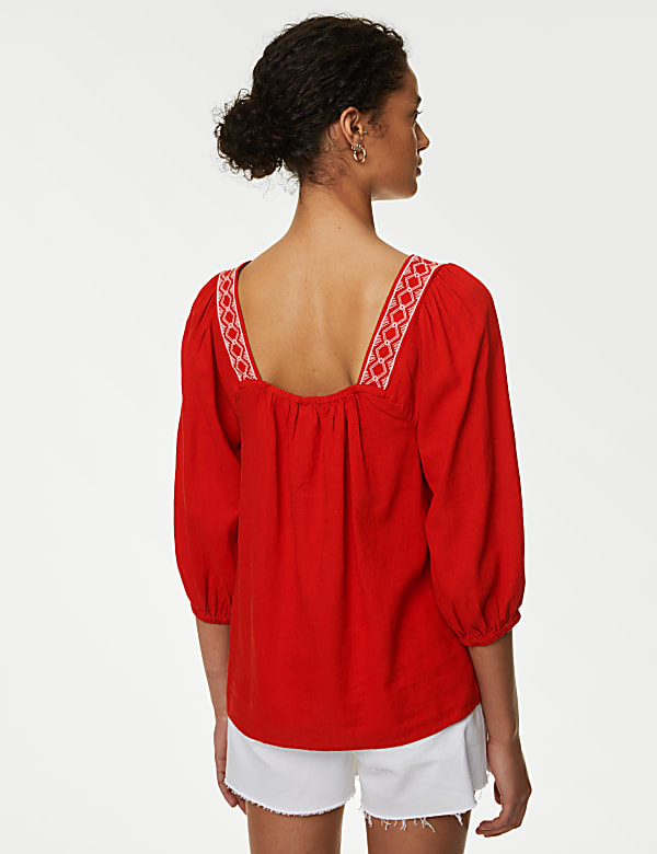 Linen Blend Embroidered Puff Sleeve Blouse