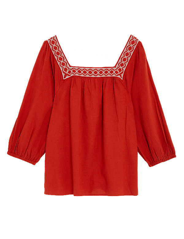 Linen Blend Embroidered Puff Sleeve Blouse