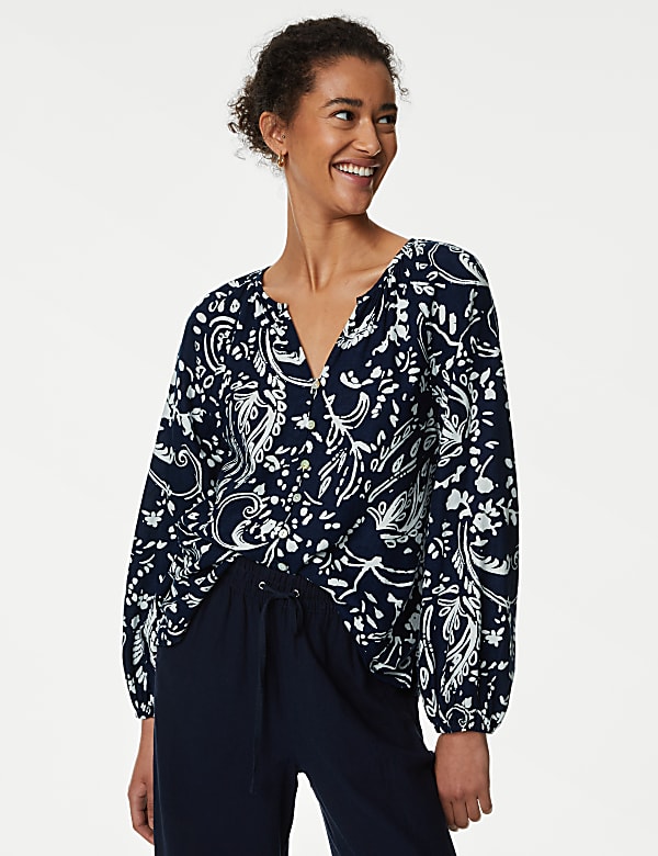 Linen Rich Printed V-Neck Blouse