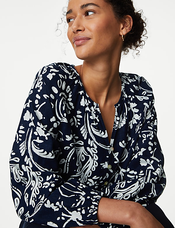 Linen Rich Printed V-Neck Blouse