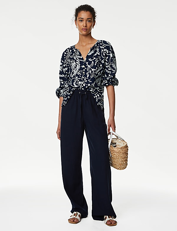 Linen Rich Printed V-Neck Blouse