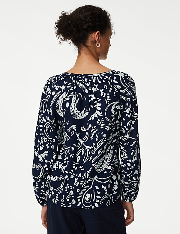 Linen Rich Printed V-Neck Blouse