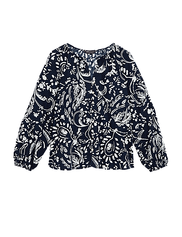 Linen Rich Printed V-Neck Blouse