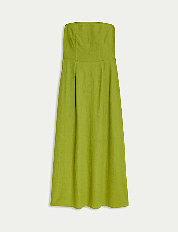 Μίντι-μάξι ίσιο strapless φόρεμα με πλισέ λεπτομέρεια και υψηλή περιεκτικότητα σε λινό - GR