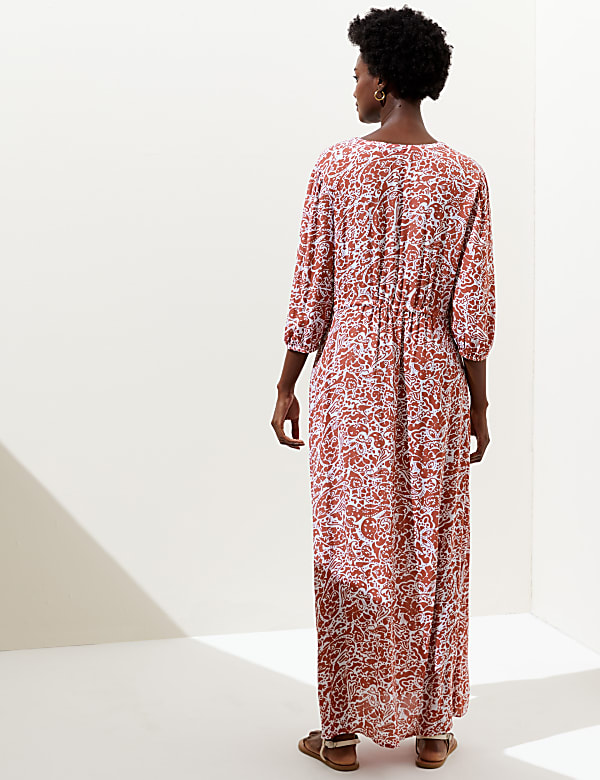 Printed V-Neck Tie Waist Maxi Beach Dress