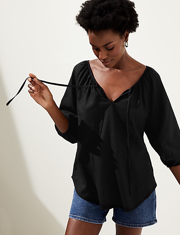 Linen Rich Tie Neck Blouse