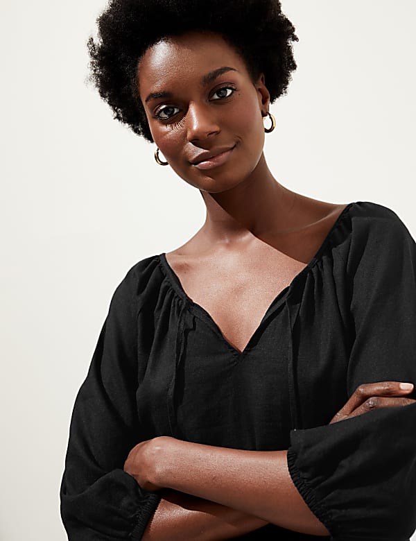 Linen Rich Tie Neck Blouse