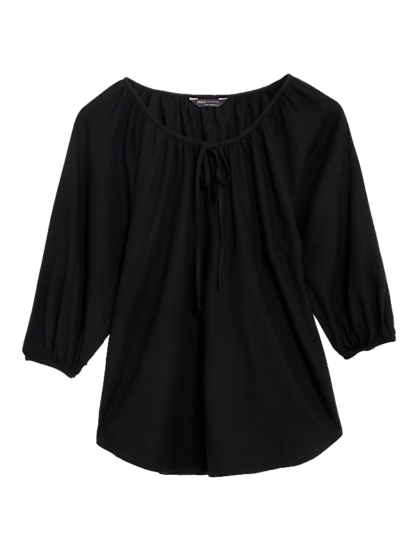 Linen Rich Tie Neck Blouse