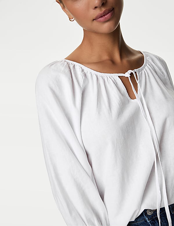 Linen Rich Tie Neck Blouse