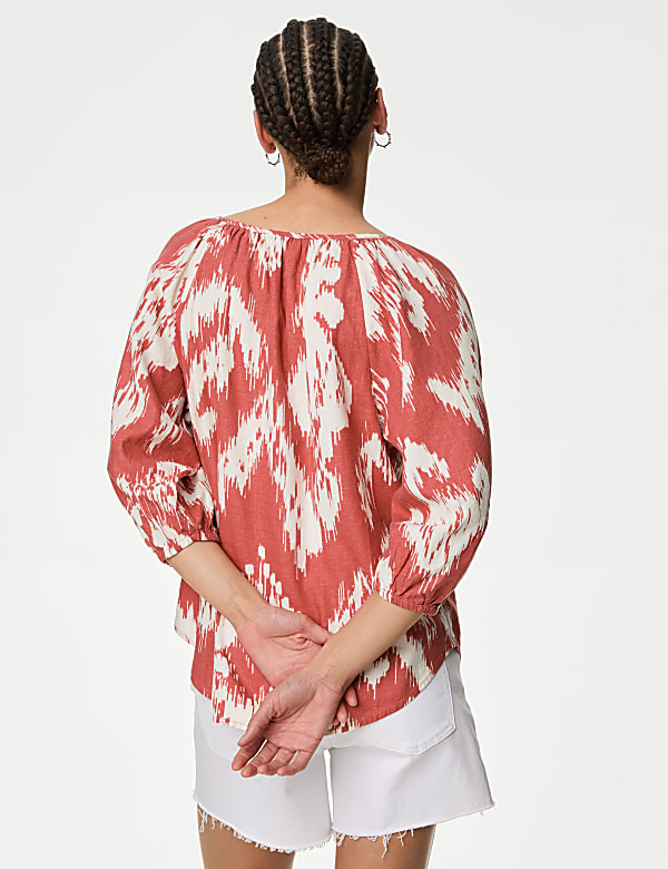 Linen Rich Printed Tie Neck Blouse