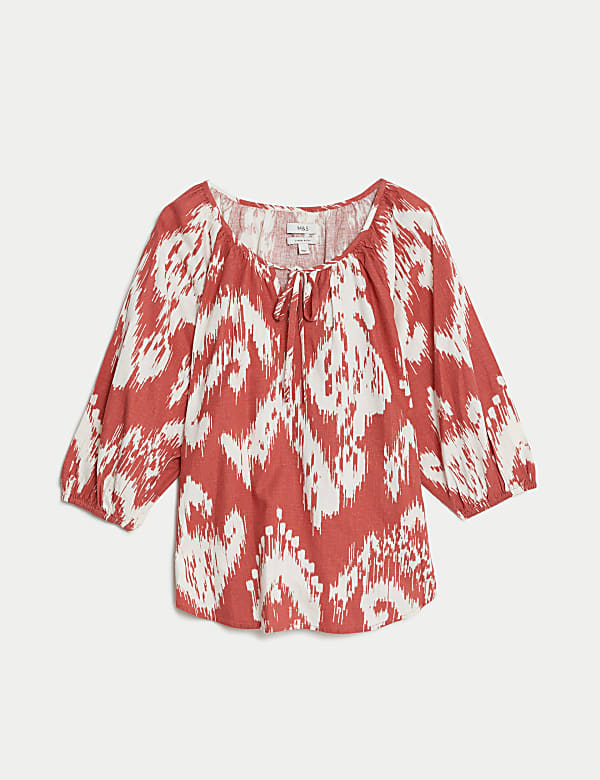 Linen Rich Printed Tie Neck Blouse - NL