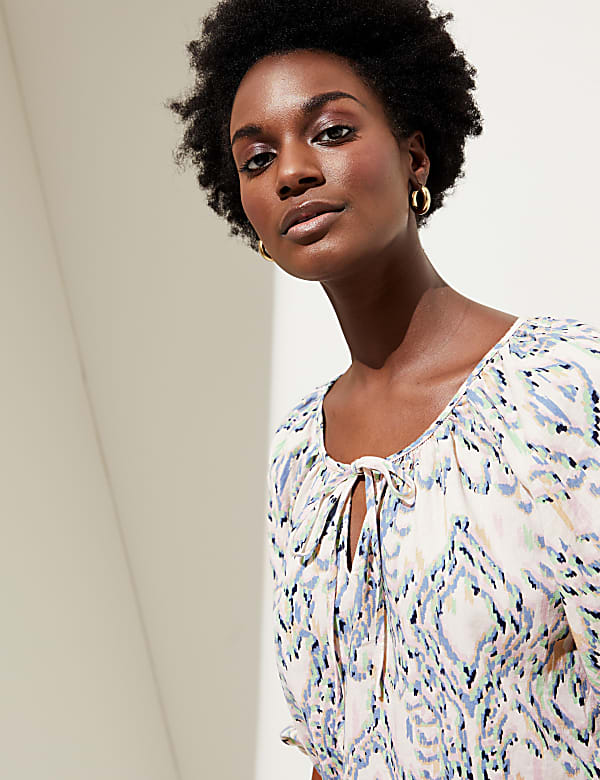 Linen Rich Printed Tie Neck Blouse