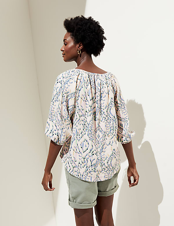 Linen Rich Printed Tie Neck Blouse