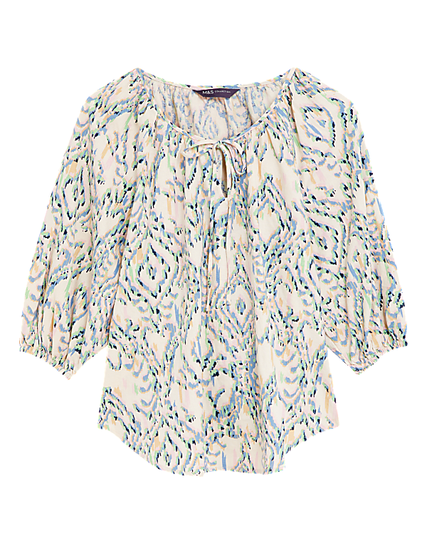 Linen Rich Printed Tie Neck Blouse