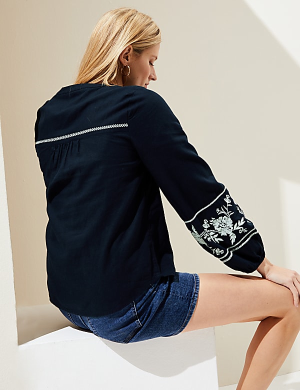 Linen Rich Embroidered V-Neck Blouse