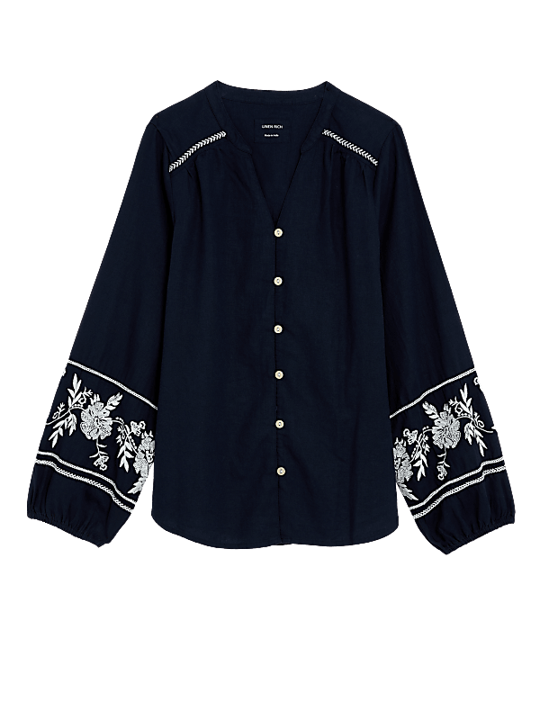 Linen Rich Embroidered V-Neck Blouse