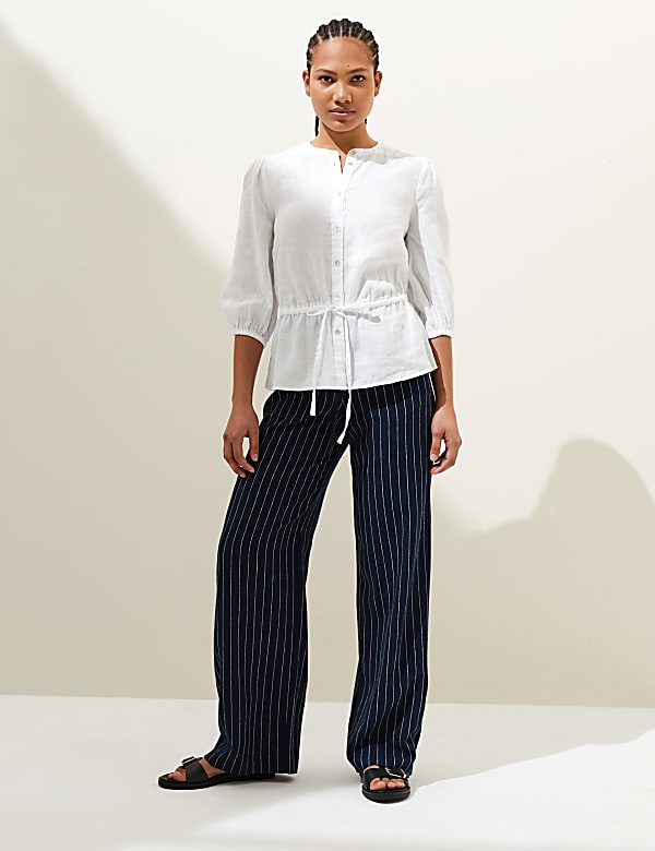 Pure Linen Round Neck Waisted Blouse