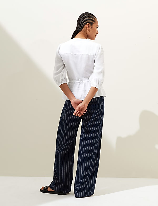 Pure Linen Round Neck Waisted Blouse