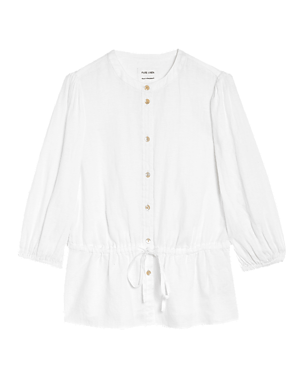 Pure Linen Round Neck Waisted Blouse
