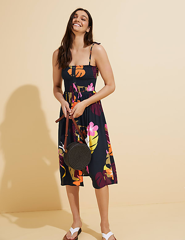 Floral Midi Shirred Beach Dress