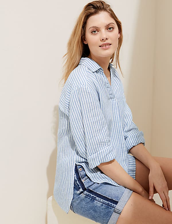 Pure Linen Striped Long Sleeve Blouse