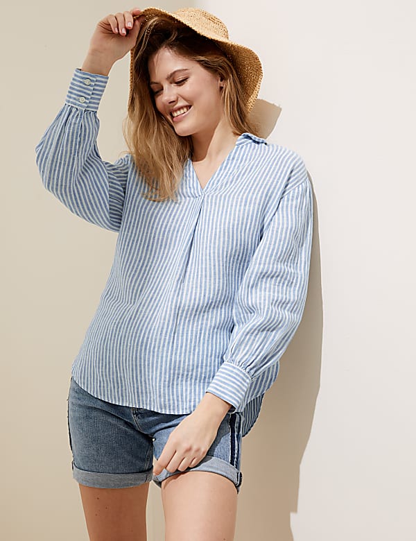 Pure Linen Striped Long Sleeve Blouse