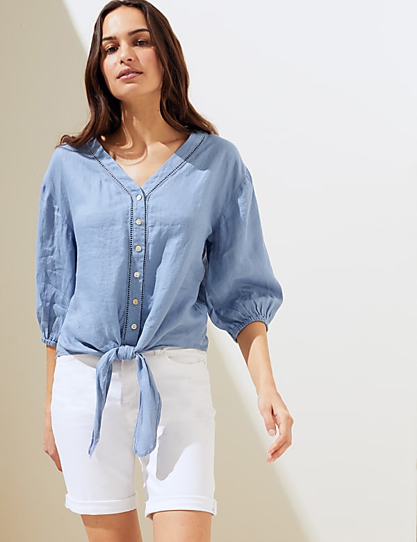 Pure Linen Tie Front 3/4 Sleeve Blouse