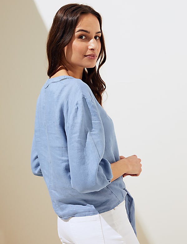 Pure Linen Tie Front 3/4 Sleeve Blouse