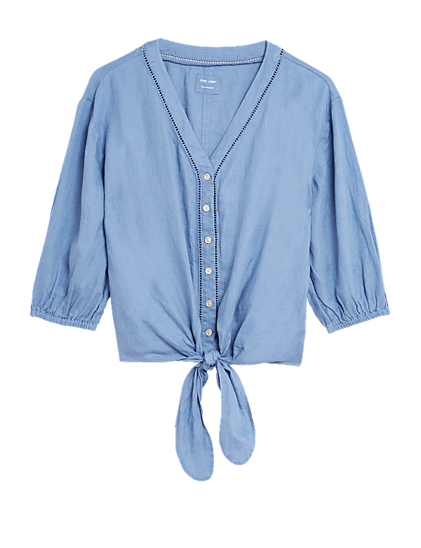Pure Linen Tie Front 3/4 Sleeve Blouse