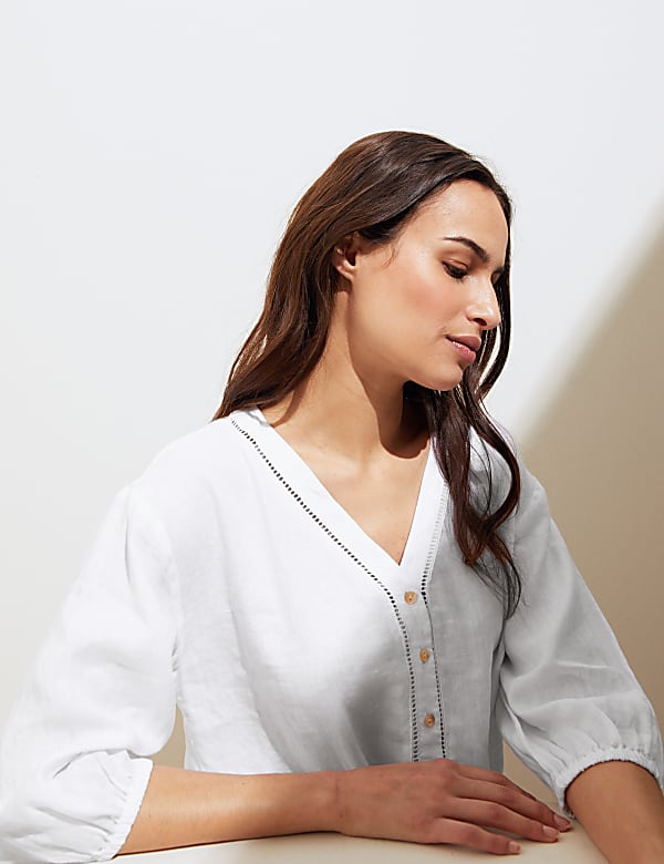Pure Linen Tie Front 3/4 Sleeve Blouse