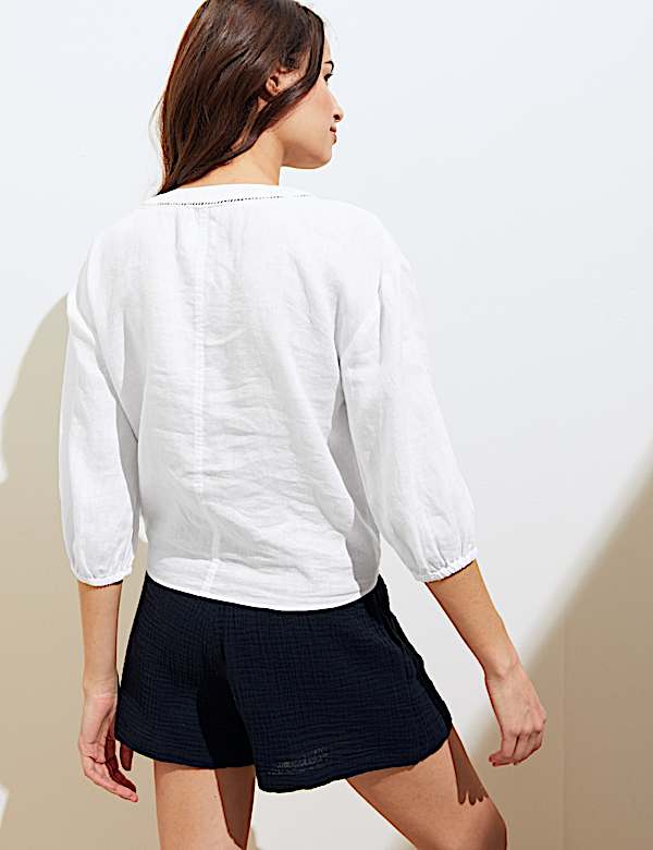 Pure Linen Tie Front 3/4 Sleeve Blouse