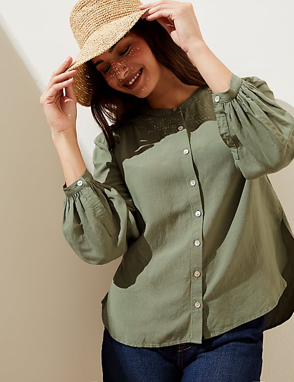 Linen Blend Collarless Long Sleeve Blouse