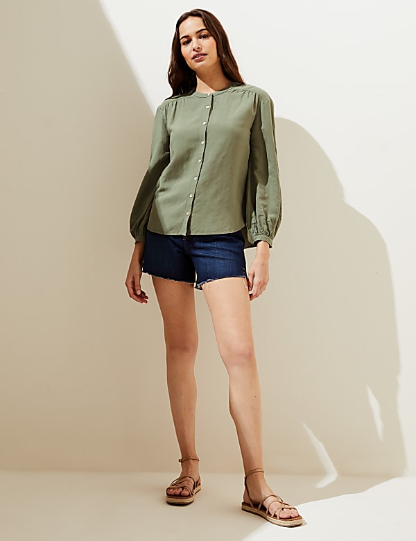 Linen Blend Collarless Long Sleeve Blouse
