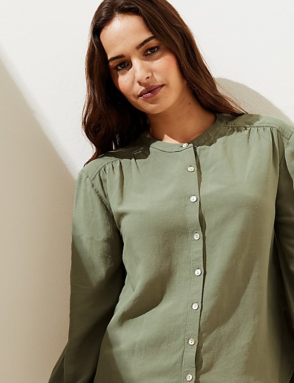 Linen Blend Collarless Long Sleeve Blouse