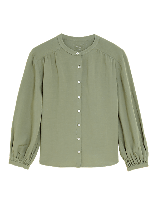 Linen Blend Collarless Long Sleeve Blouse