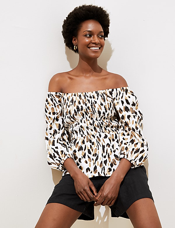 Pure Linen Animal Print 3/4 Sleeve Blouse
