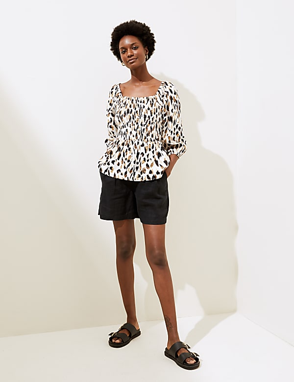 Pure Linen Animal Print 3/4 Sleeve Blouse
